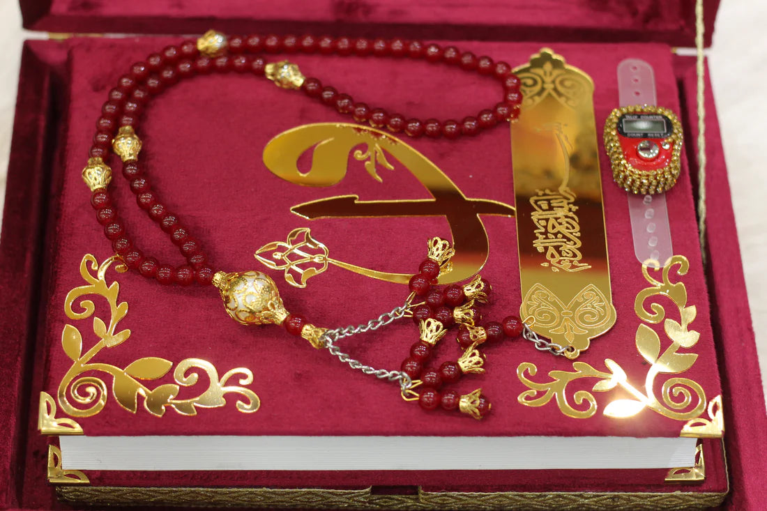 Mehroon Acrylic Box Quran Pak with Rehal, Tasbih, and Counter