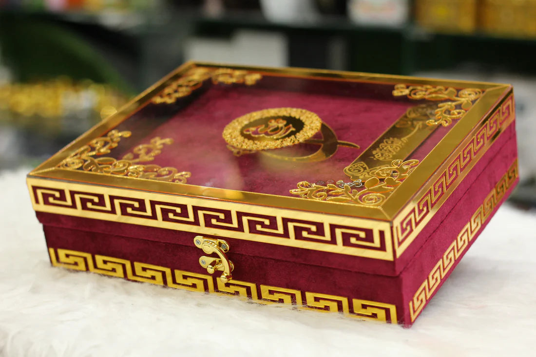 Mehroon Acrylic Box Quran Pak with Rehal, Tasbih, and Counter